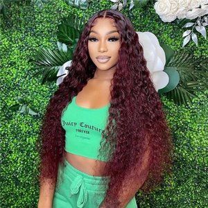 Burgundy Long Curly Lace Front Wigs 30 Inches for Women 130% Density (Wine Red)